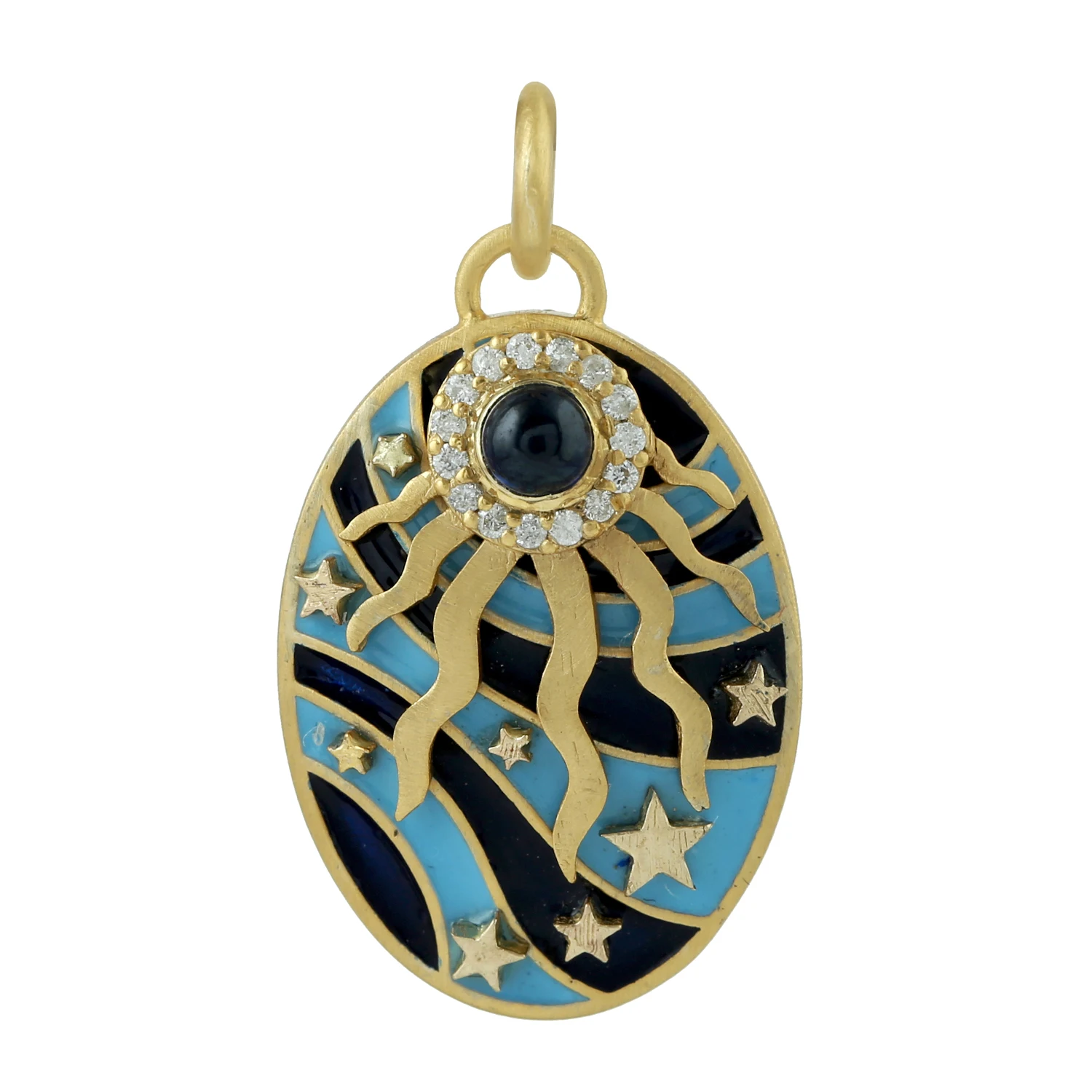 
Blue Sapphire Sunburst & Star Charm Enamel Diamond Pendant 14k Yellow Gold Jewelry For Her 