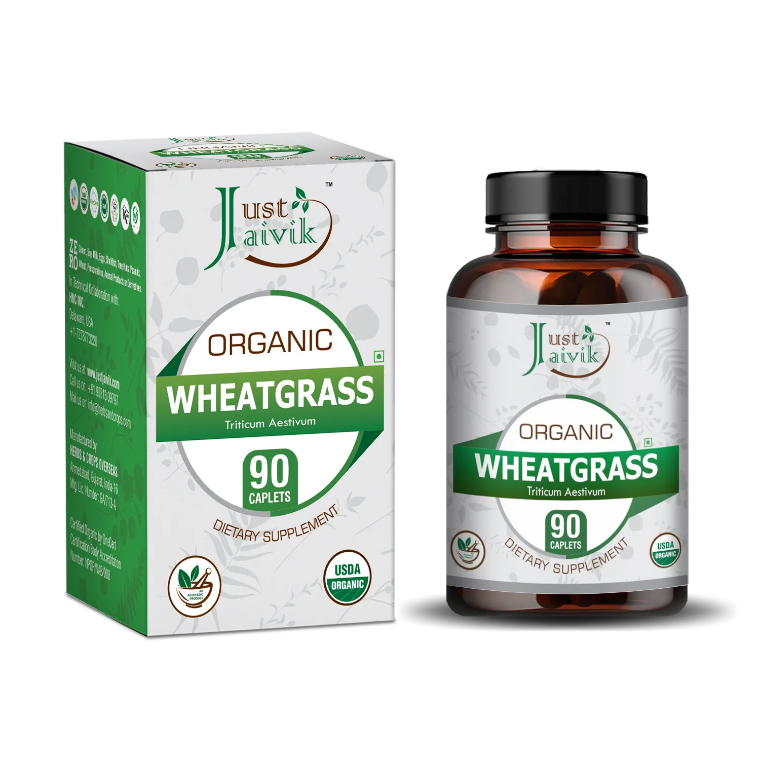 Just Jaivik Organic Wheatgrass Caplets (Triticum aestivum) - 750mg, 90counts