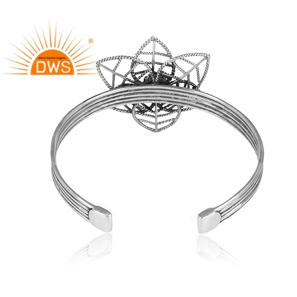 Natural White High Quality Pearl Gemstone Oxidized 925 Sterling Silver Statement Floral Cuff Bangle Jewelry Wholesaler