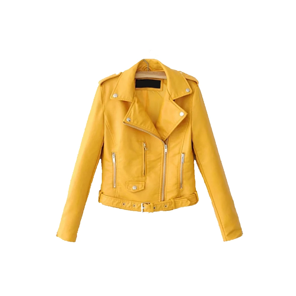 
Куртка женская из искусственной кожи на молнии, модный желтый Байкерский пиджак с воротником, Осень-зима 