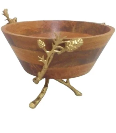 Wooden with Metal  handle base Decorative Fruit Bowl High Quality with Golden Base Stand Serving Bowl Mango Wood