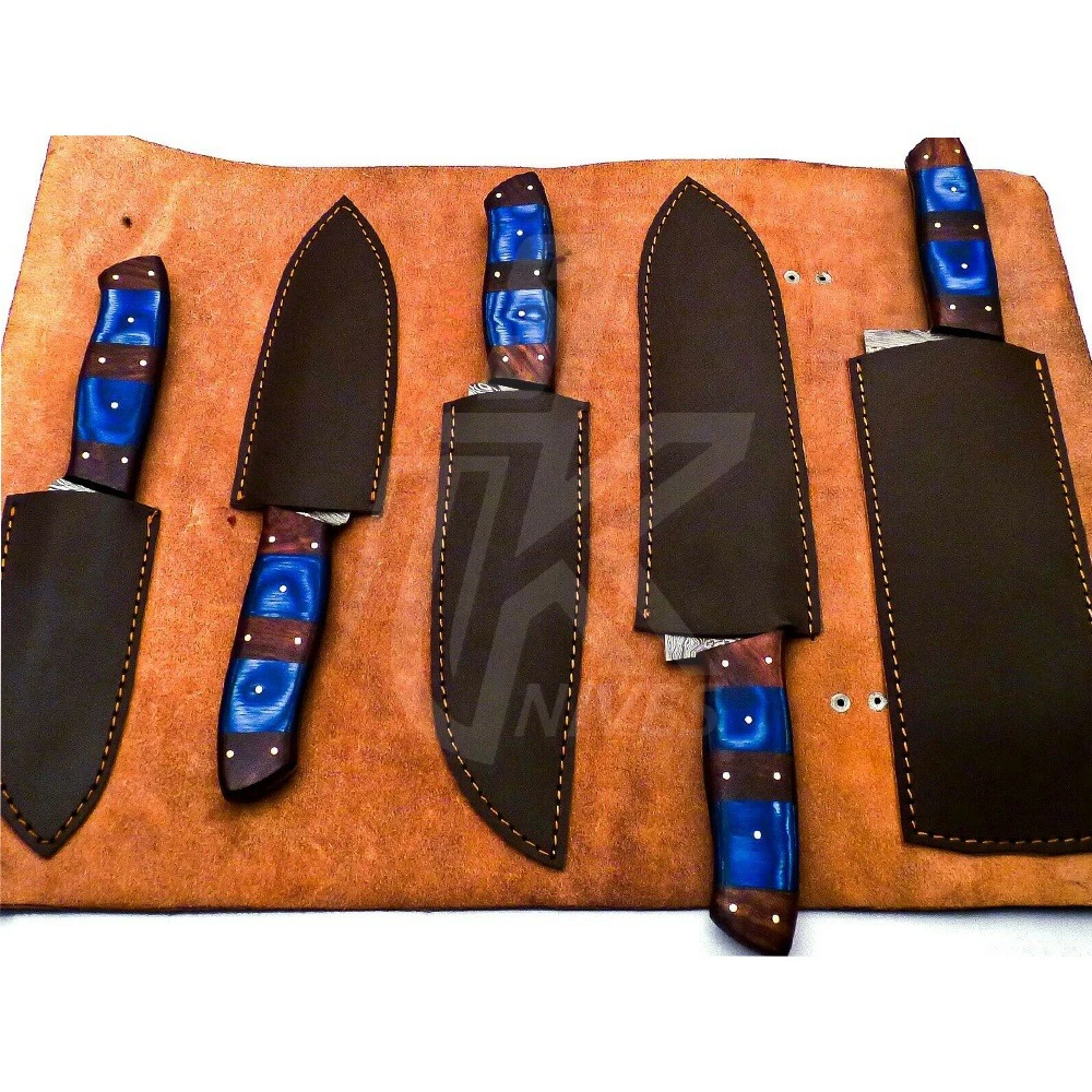 6 pieces Custom handmade Damascus chef knives set with knives sheath/cover