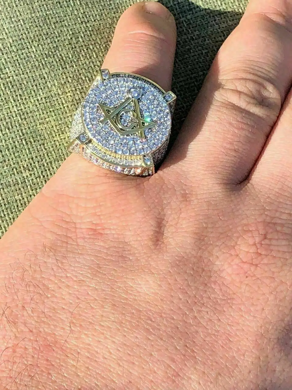 Mens Large Solid 925 Silver Iced Diamond Masonic Ring Round Moissanite Hip hop Gold Over Ring Anniversary Gift For Him by Ritzin