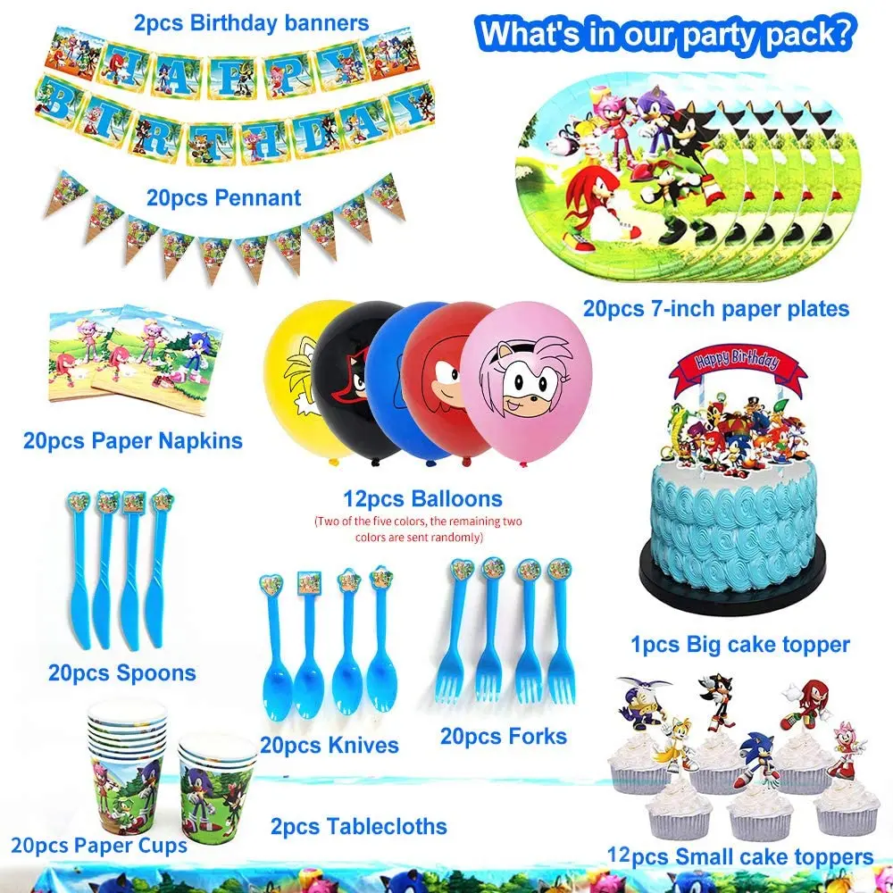 
So-nic Party Supplies for Kids Birthday, Son-ic Party Decorations Included Tableware Tablecloth Birthday Banner Balloons 