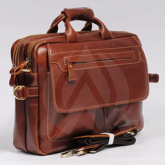 Brown Genuine Crazy Horse Leather Messenger Laptop Briefcase Bag For Man