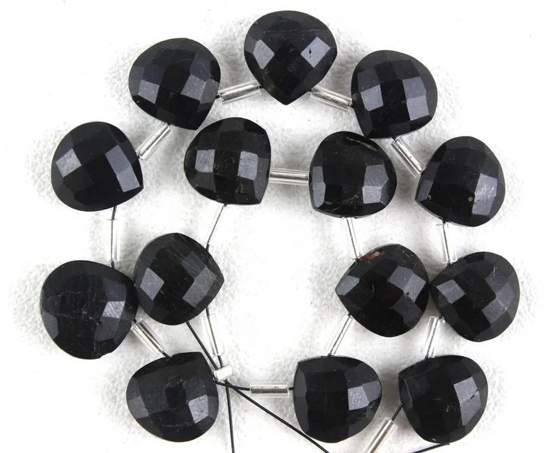 Top Quality 14 Pieces Strand Natural Black Tourmaline Gemstone Faceted Heart Shape Briolette Beads Wholesale