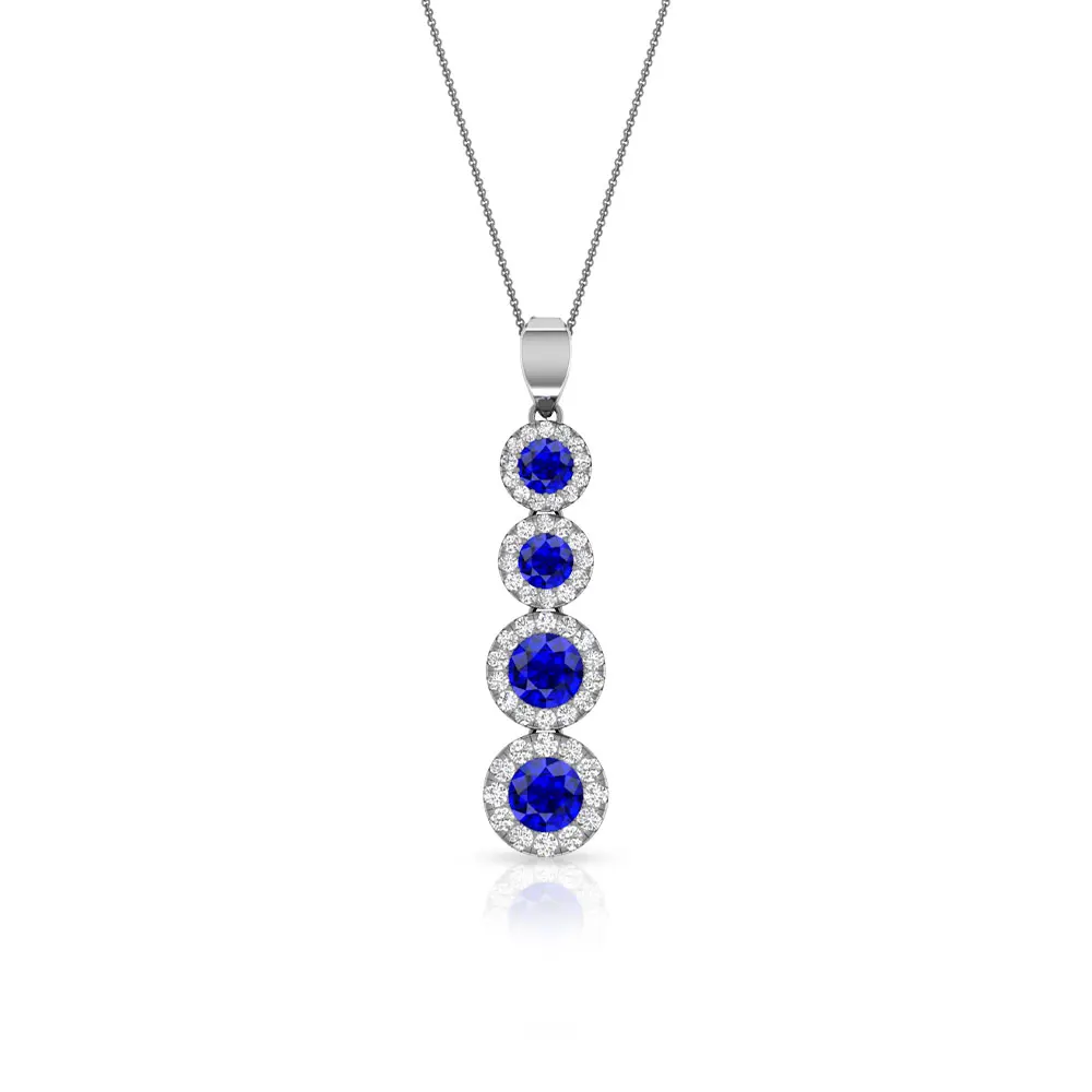 
 Blue Sapphire Drop Charm Pendants, Round Diamond Halo Pendants, Gemstone Necklace Jewelry  
