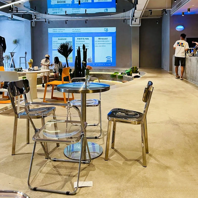 
Transparen Glass Plastic Dining Table and chairs Sets for Coffee Room Furniture with metal frame 