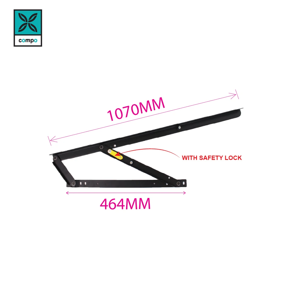 Hidden Soft Closing Furniture Hinges 1070mm Storage Bed Hinge Hydraulic Bed Hinge Set with Gas Lift 3.2mm Black Powder Coating