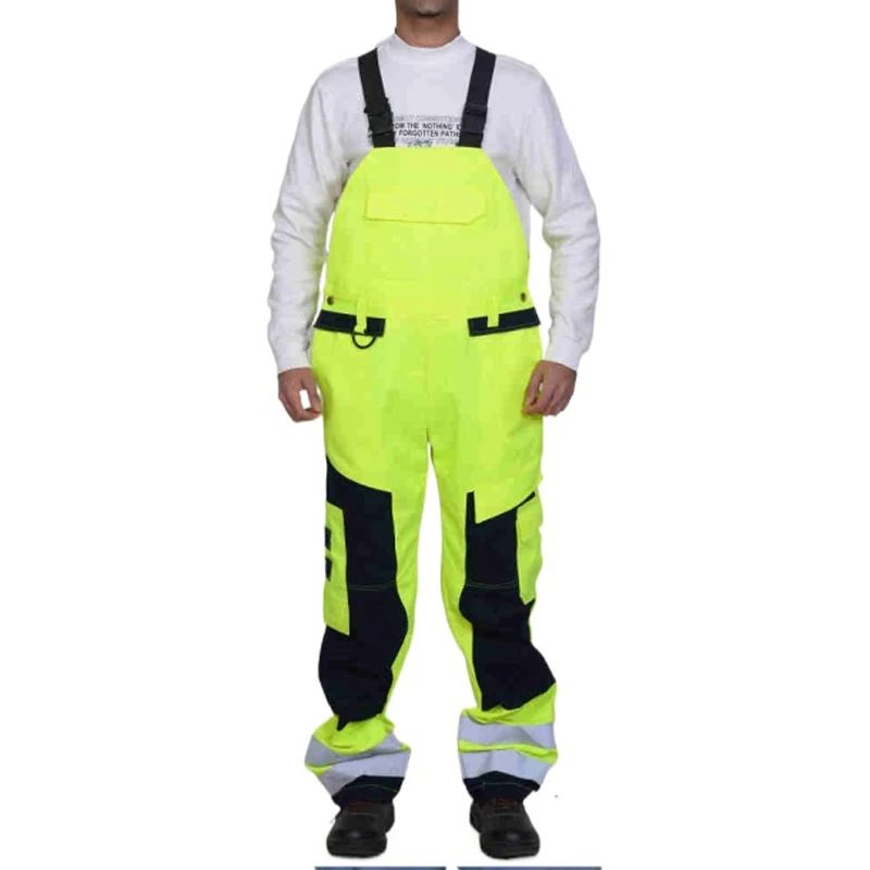 Custom Mens Multi Pockets Hi Vis Bibi Pants Reflective Tape Working Uniform Bib Pants