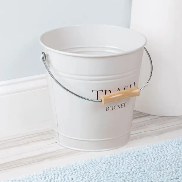 Galvanized Trash Can Small Bathroom Waste Bin Embossed Rings Oval Label and Turned Wood Handle add Farmhouse Warmth and Charm