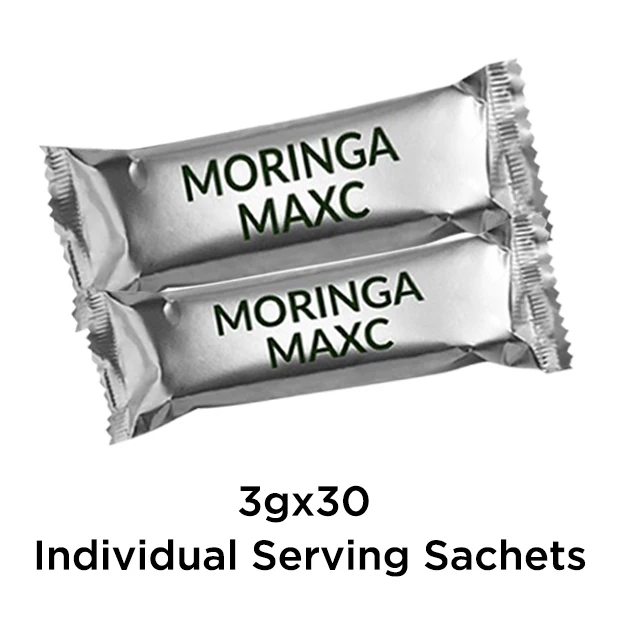 Certified organic Moringa Max Vitamin C energy drink sachet made with moringa, fresh amla fruits and pineapple