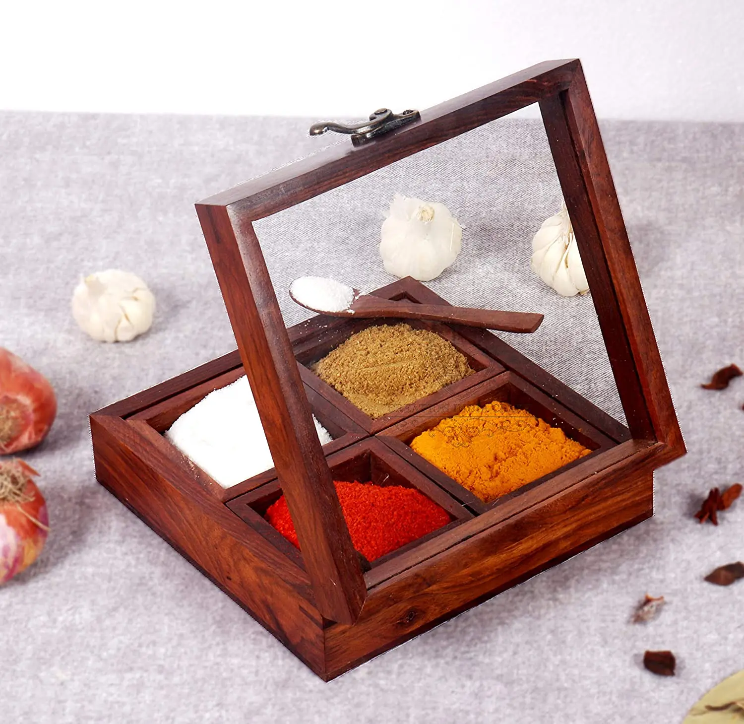 wooden seasoning box with glass lid