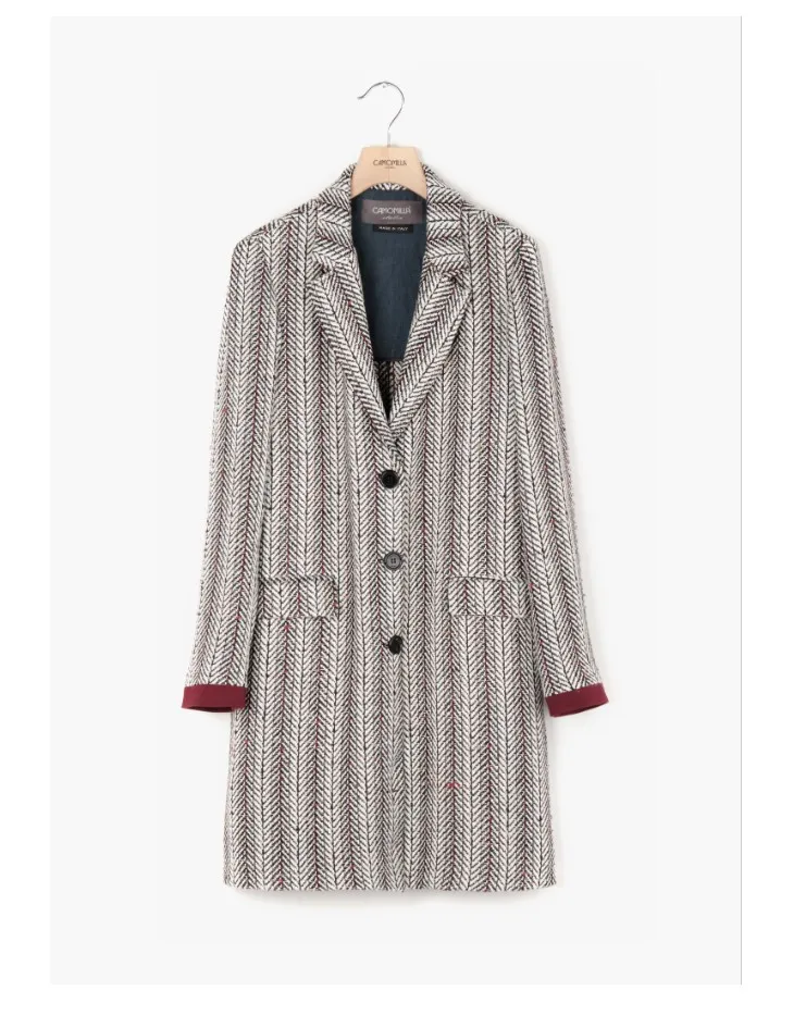 
Italian Herringbone Coat with Red Stripes|Chambrais Second Fabric and Punto Milano Third Fabric|Three Buttons|Woman Fashion 