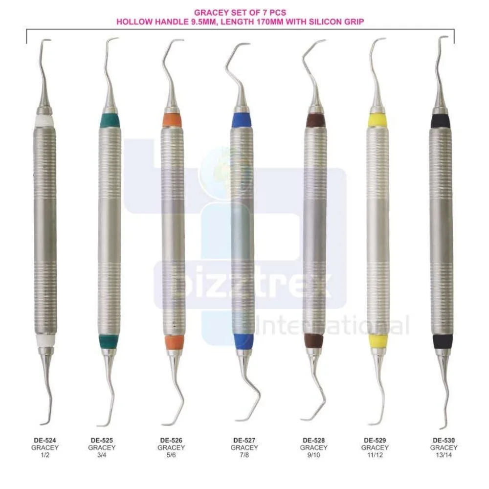 Высококачественное стоматологическое оборудование Gracey Curette Набор из 7 шт. полых ручек 9,5 мм, Длина 170 мм, с силиконовым захватом