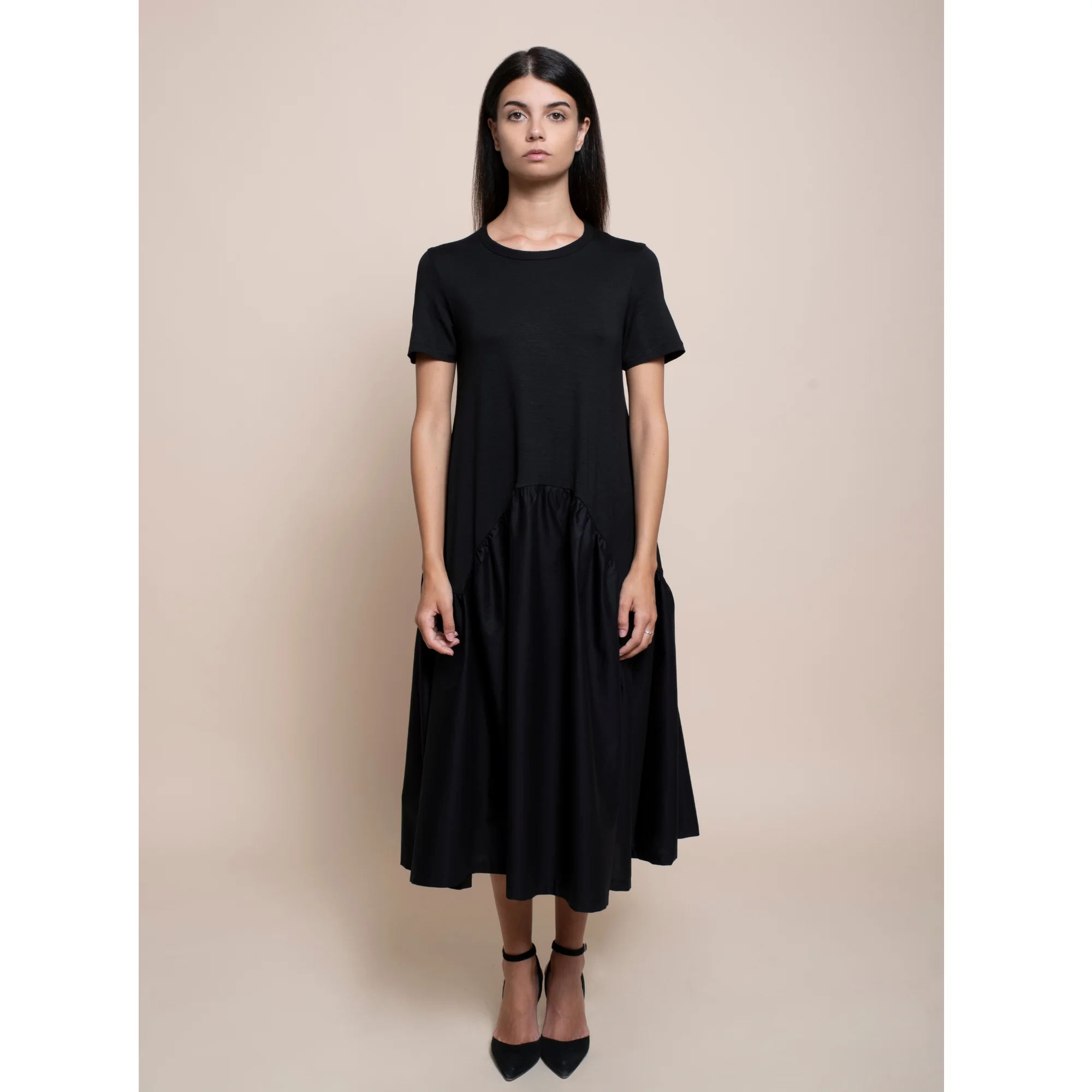 best quality italian long dress round neck half sleeve with cuts and gathered color solid color and polka dots