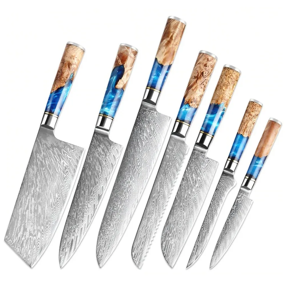 7 pcs Set Damascus Japanese Knives Kitchen Set 67 Layers Damascus Steel Chef Knife Set