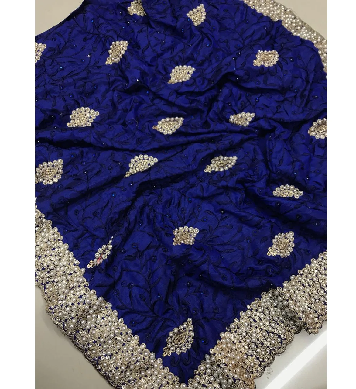 Свадебная одежда, дизайнерская одежда для вечеринки, тяжелая вышитая хлопковая шелковая четырехсторонняя необычная кружевная окантовка синего цвета, сари с блузкой