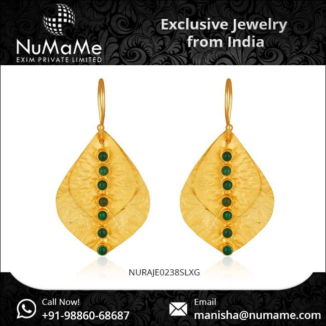 Gorgeous Jewelry with Leaf Design 925 Sterling Silver 14K Gold Plated Green Onyx Gemstone Drop Earrings for Girls on Party Wear