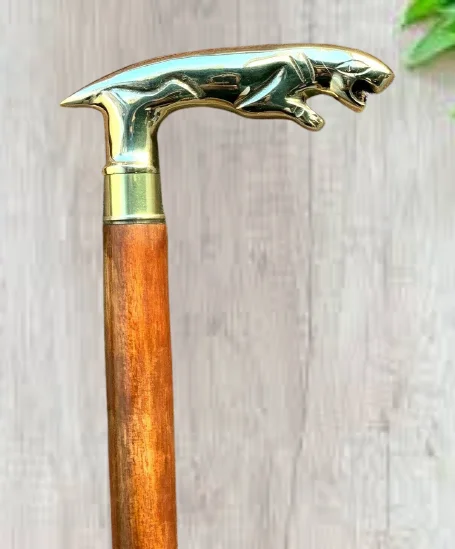 BRAND NEW BRASS JAGUAR HANDLE WOODEN WALKING STICK CANE ~ SOLID BRASS HANDLE WOODEN FOLDABLE BROWN STICK