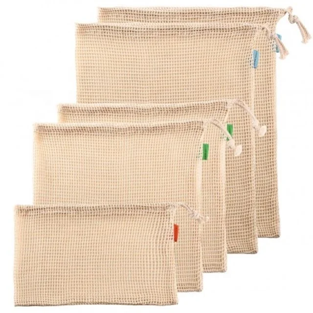 Reusable Eco Friendly 100% Organic Mesh Drawstring Storage Net Bag Cotton Mesh Bags Set for Fruit Vegetable Laundry