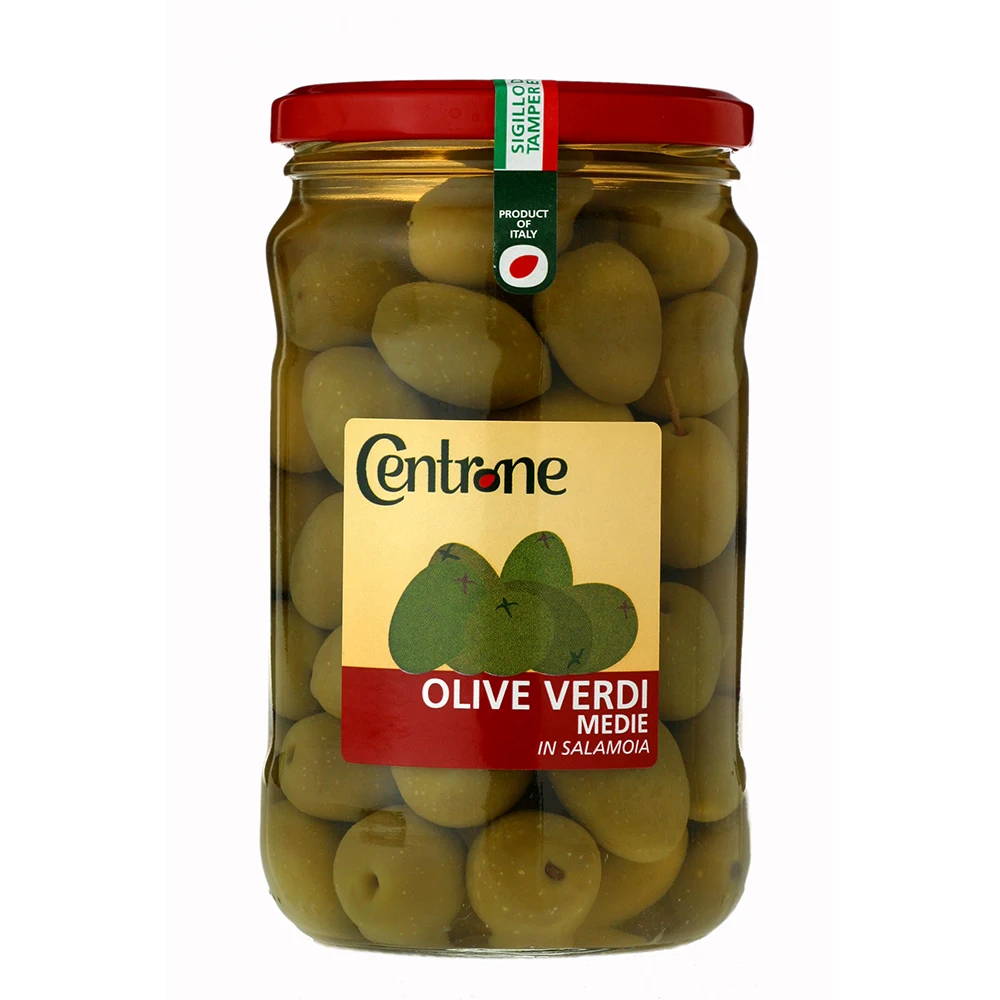 Centrone italian made medium sized green olives pickled in brine in jar for family used