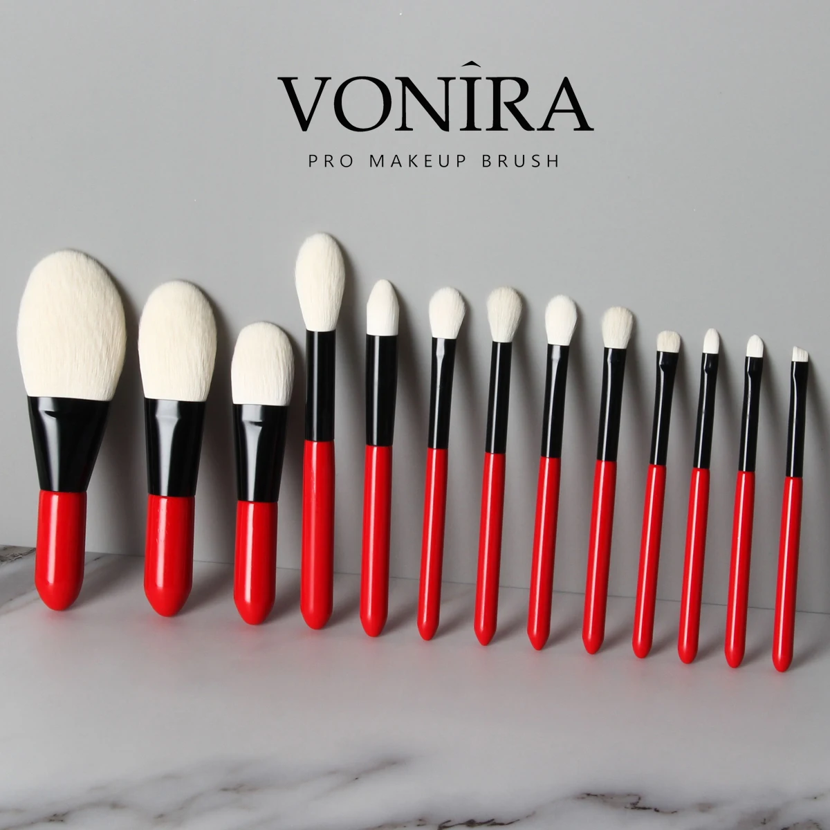 Vonira Mini Pocket Travel 10 Pieces Makeup Brush Set With Red Handle Black Ferrule Bio-Tech Faux Goat Hair Synthetic Hairs