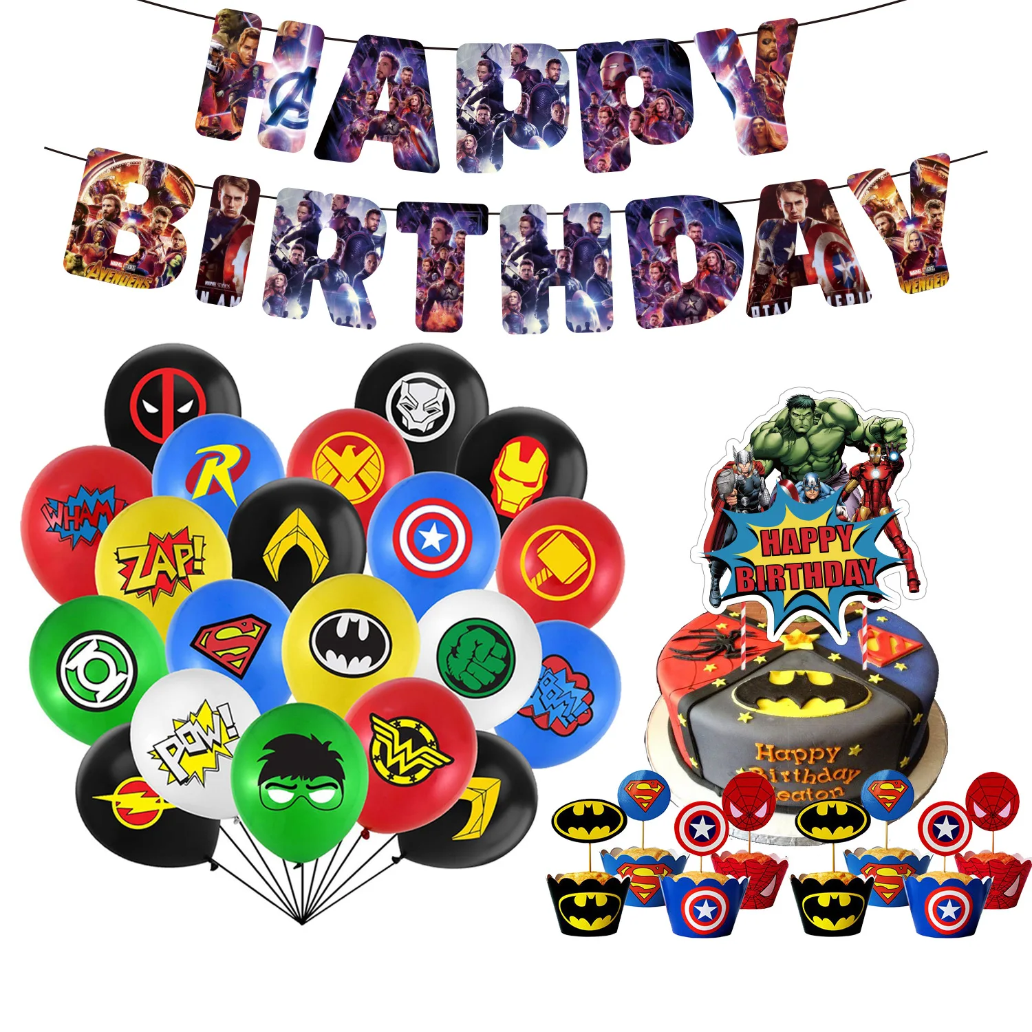Original Design One Pack Superhero Party Decoration, Includes Banner Balloons Cake Toppers Aven-gers Birthday Party Supplies