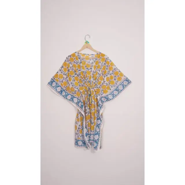 Хлопковый кафтан с цветочным принтом Женский хлопковый короткий из чистой натуральной ткани летняя одежда платье большого размера пляжная