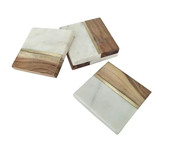 good Custom Round Wood and Marble Tea Coaster Manufacturer and Exporter Handmade Design White Marble and Acacia Wood Tea Coaster