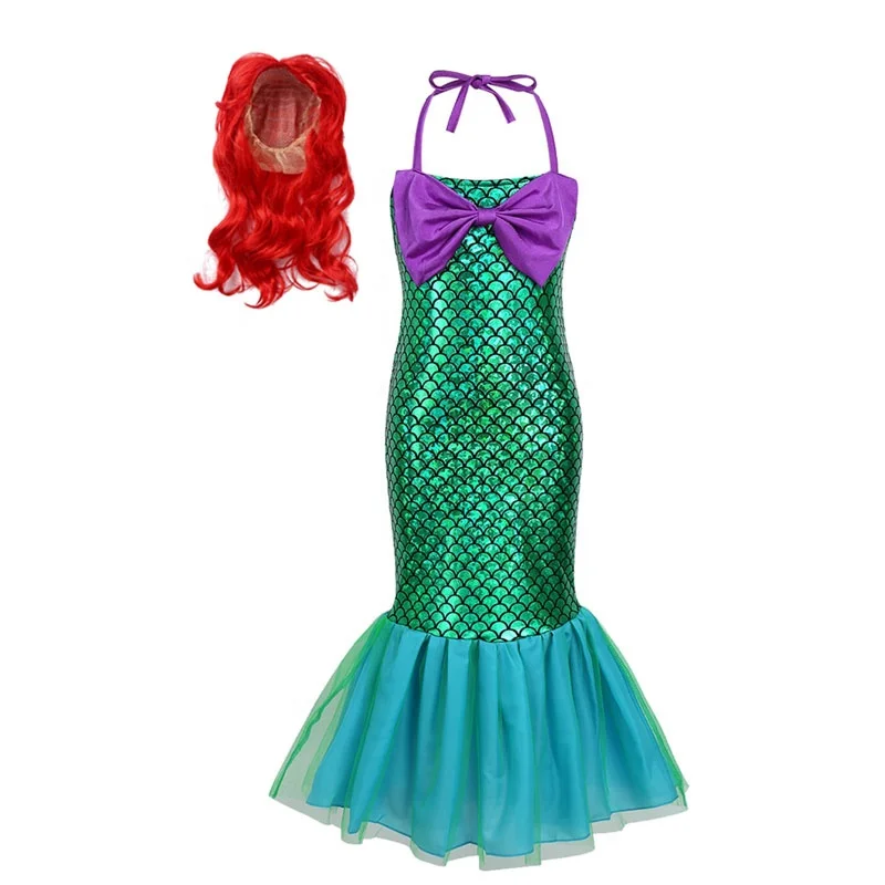 
Kids Girls Adjustable Halter Glossy Fish Scales Mermaid Dress With Hair Wigs Halloween Dress Up Cosplay Costume 