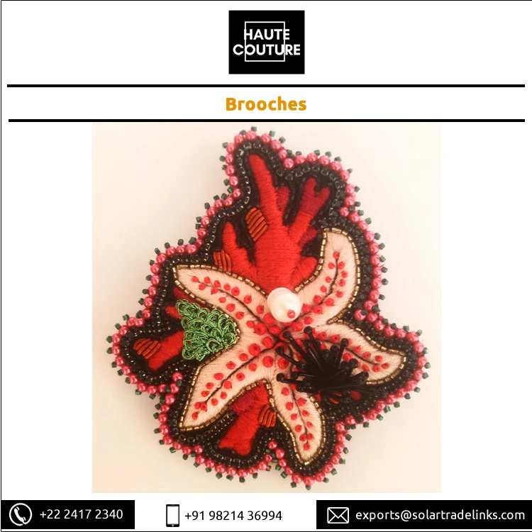 Custom Brand 9 cms Bullion Kora Silk Thread Embroidered Handmade Miyuki Beads Made Starfish Coral Brooches at Bulk Price