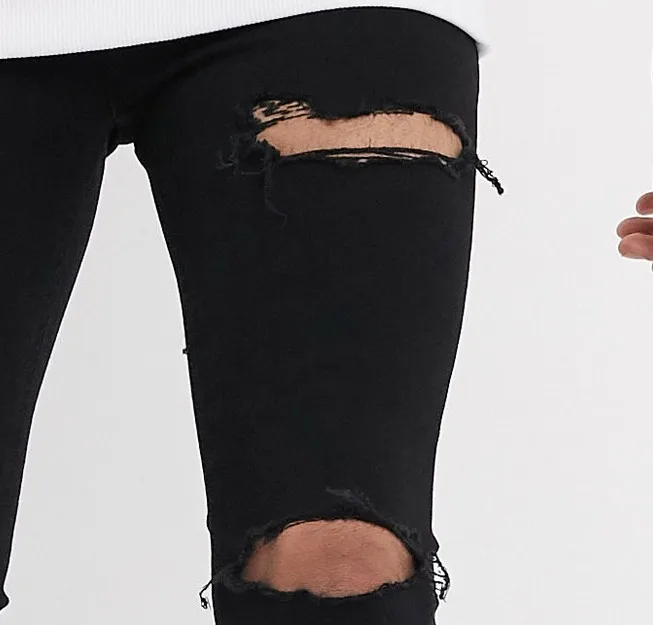 Оптовая продажа джинсовые мужские черные джинсы 100% хлопок Мужская в дырочку зауженные искусственно состаренные fit Брюки-карандаш Мужские Разорванные черный сшитые Эластичные Боковые ленты