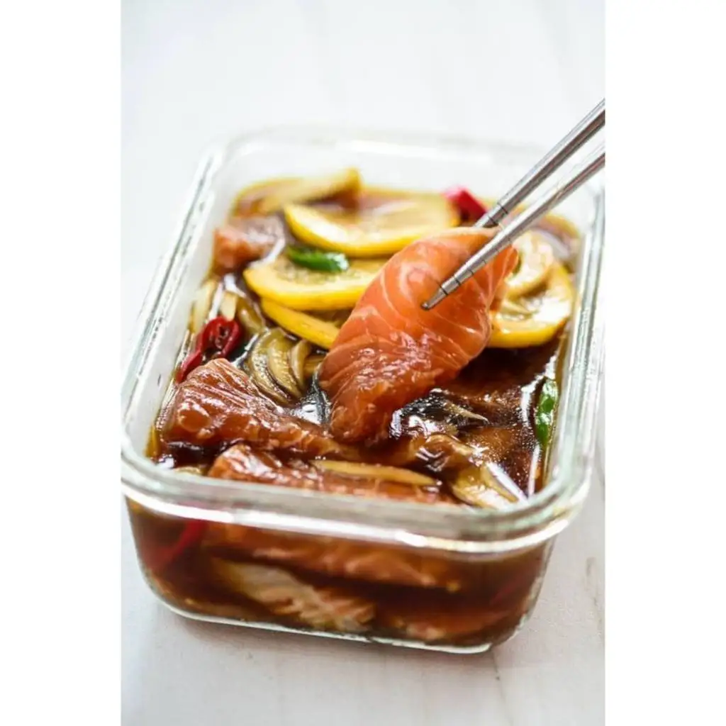 Frozen Soy Sauce Marinated Salmon Sashimi Korean style Salmon Fish Slice with Soy Sauce Ready to eat Product