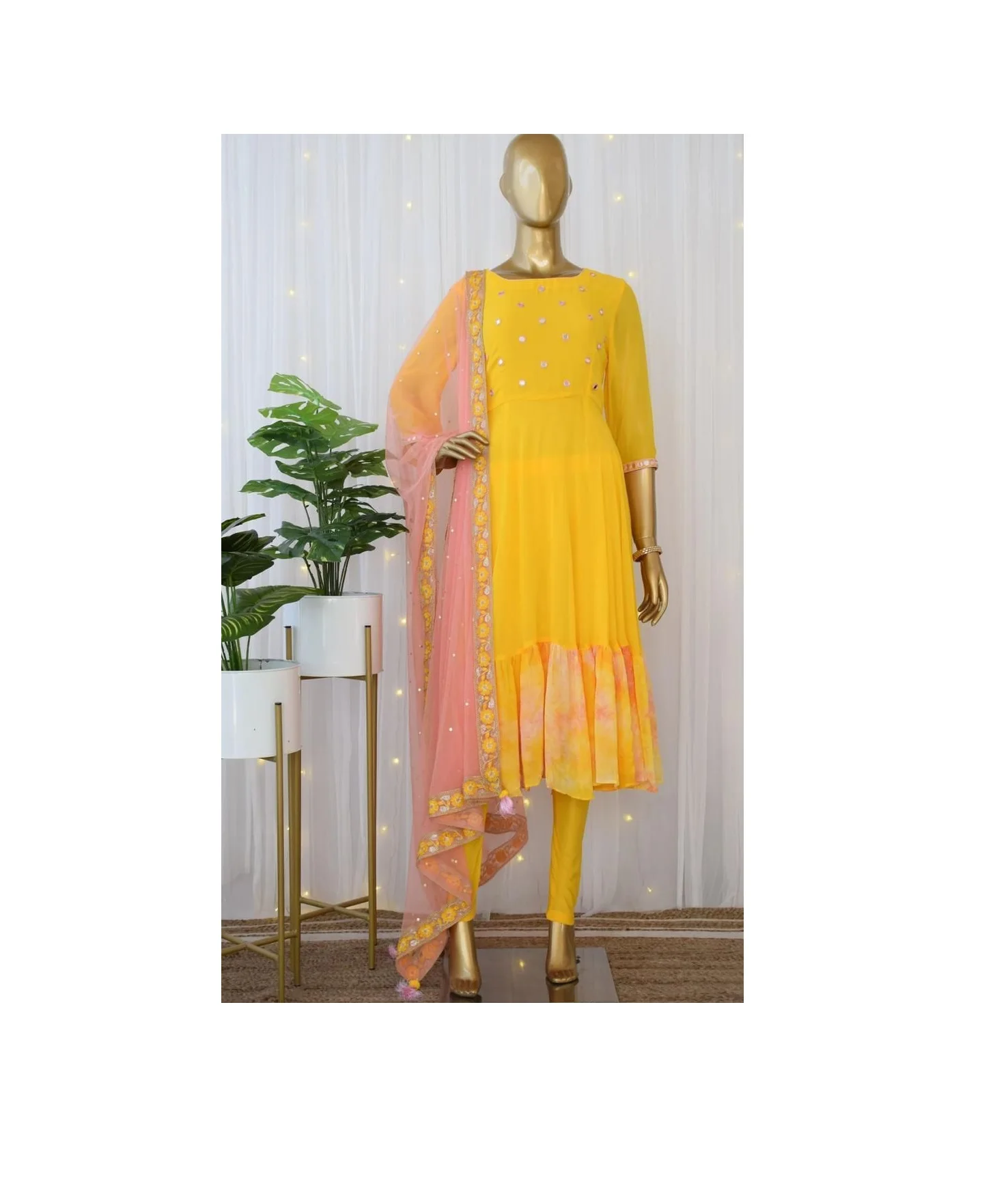 Yellow mirror work Anarkali Dress With Nazeen Dupatta Ready To Wear Dress For Women