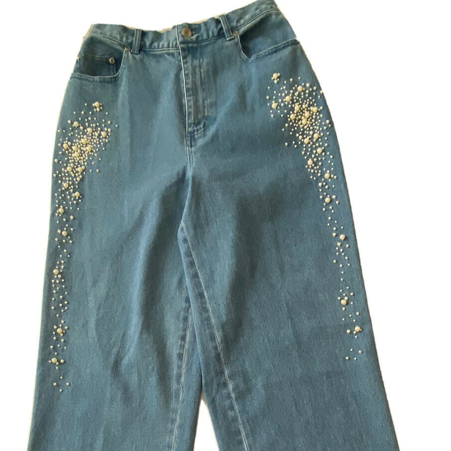 Beaded Pearl Jeans High Rise Stretch A13676 Size Medium NWT