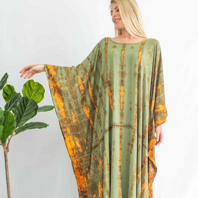 2022 New Arrival Summer Women Clothing Kaftan Manufacturers India Long Sleeve V-neck Tie Dye Kaftan Beach Clothing kaftan dress