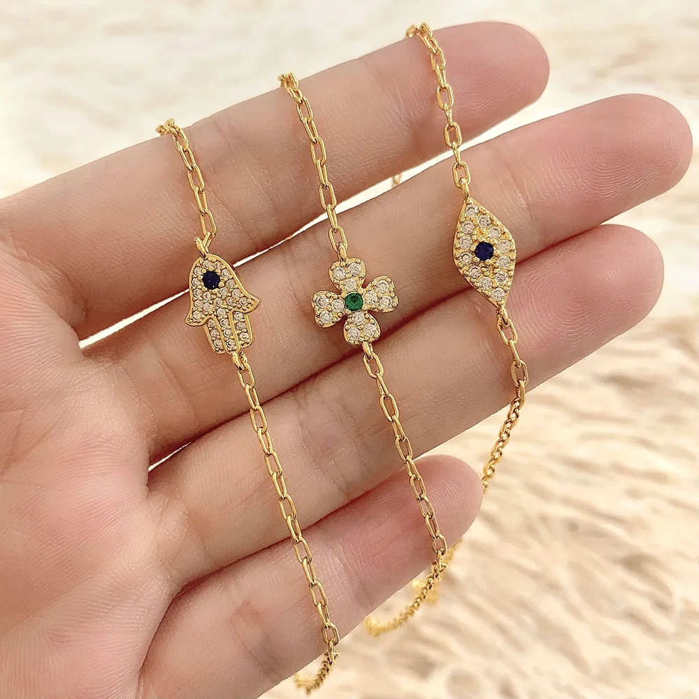 Thin Chain 18K Gold Plated Jewelry Four Leaf Clover Turkish Evil Eye Hamsa Hand Charm Bracelets