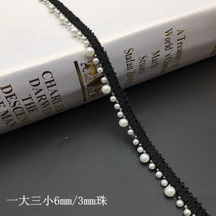 6mm Pearl Beaded Lace Edge Trim,beads laces trims Ribbon,Bridal Dress Tassels braid pearls DIY accessory appliques,KZ203265