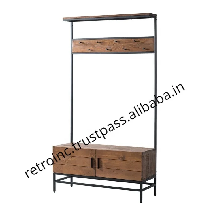 
Industrial Reclaimed Wood Coat Rack with 2 Door Storage 