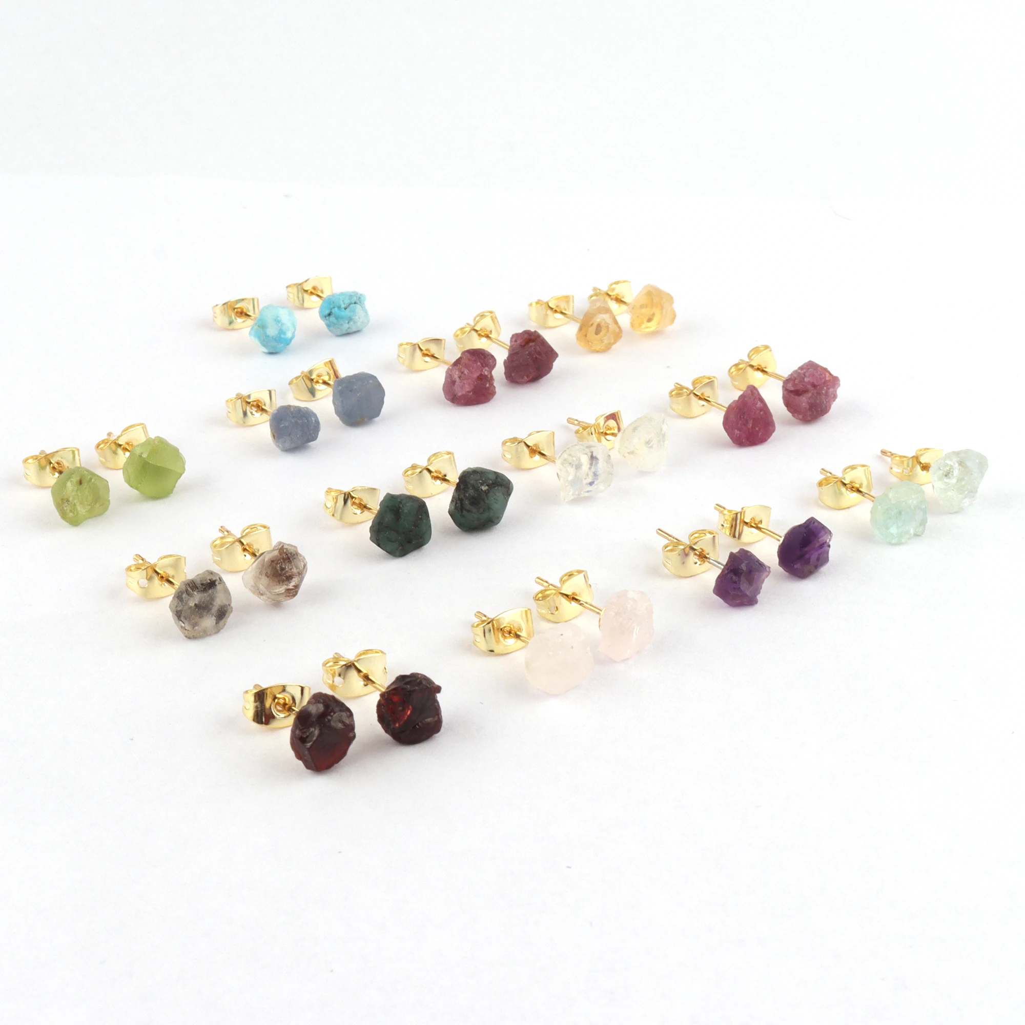 Wholesale collection natural rough emerald gold plated stud earring uncut raw birthstone minimalist statement push back studs