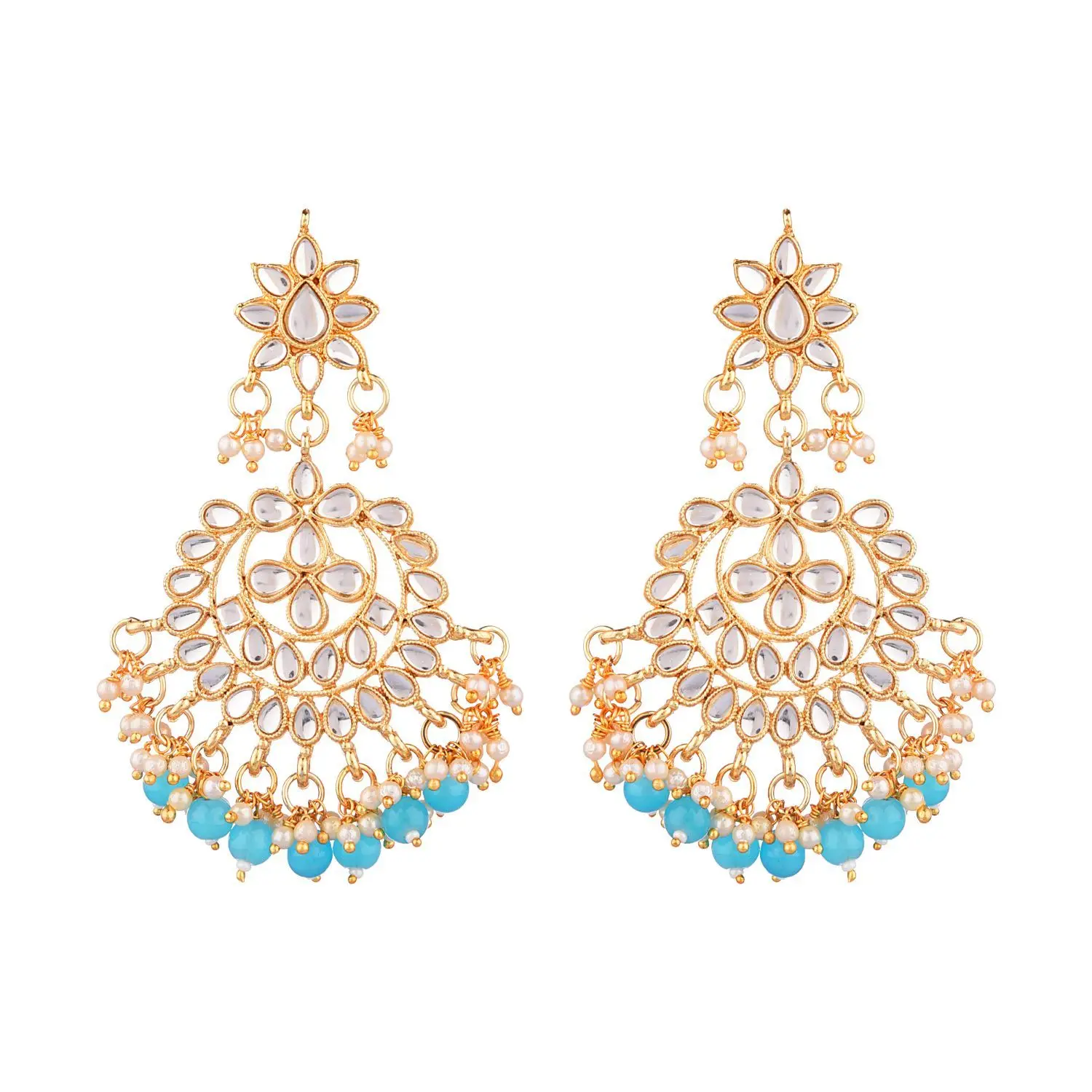 Indian Jewelry Bollywood Antique Crystal Kundan Beaded Floral Big Dangle Chandelier Earrings Set