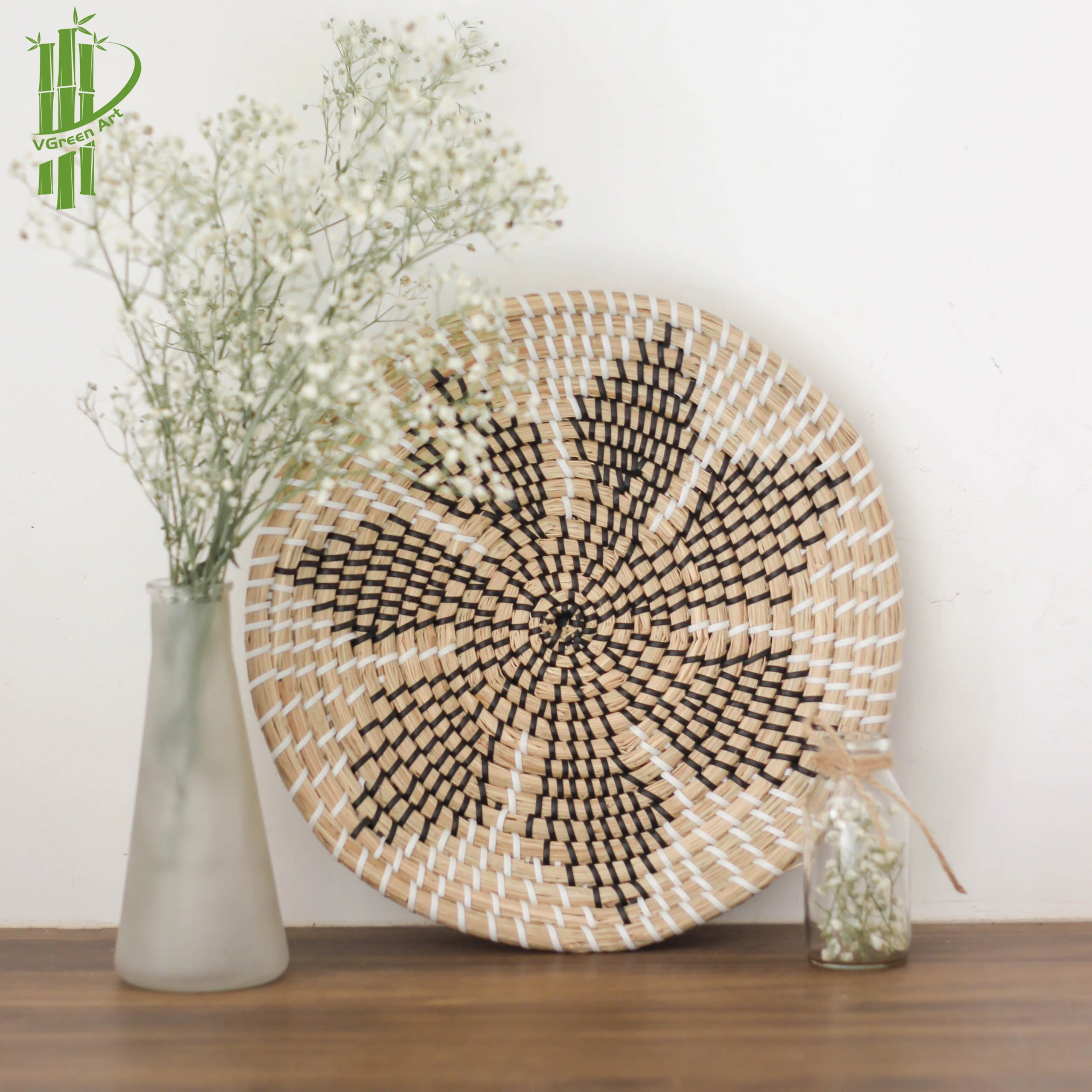 Wicker Wall Basket Decor Hanging Natural Woven Seagrass Flat Basket Round Boho Wall Basket Decor for Living