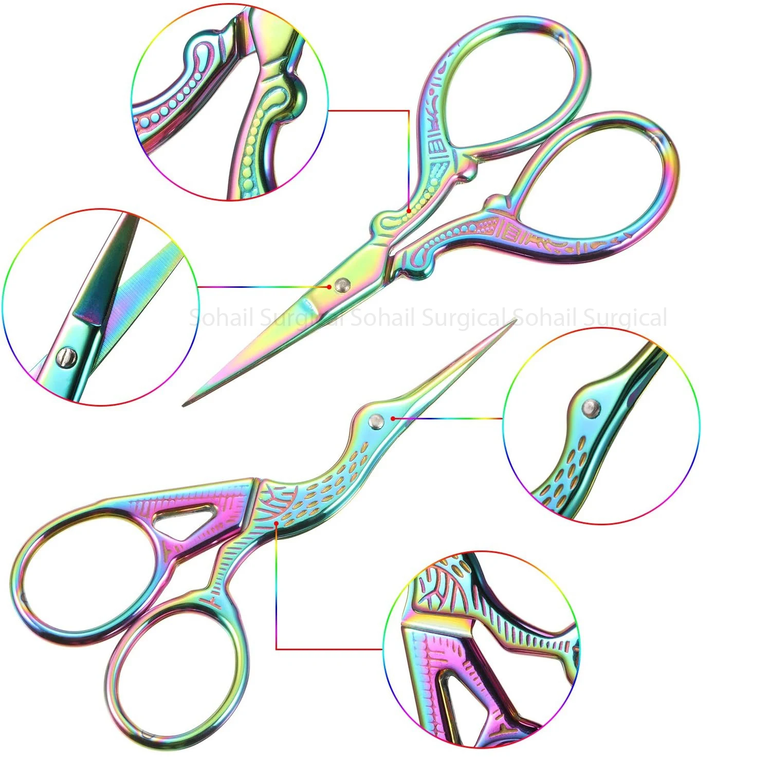 rainbow color embroidery stork scissors professional quality