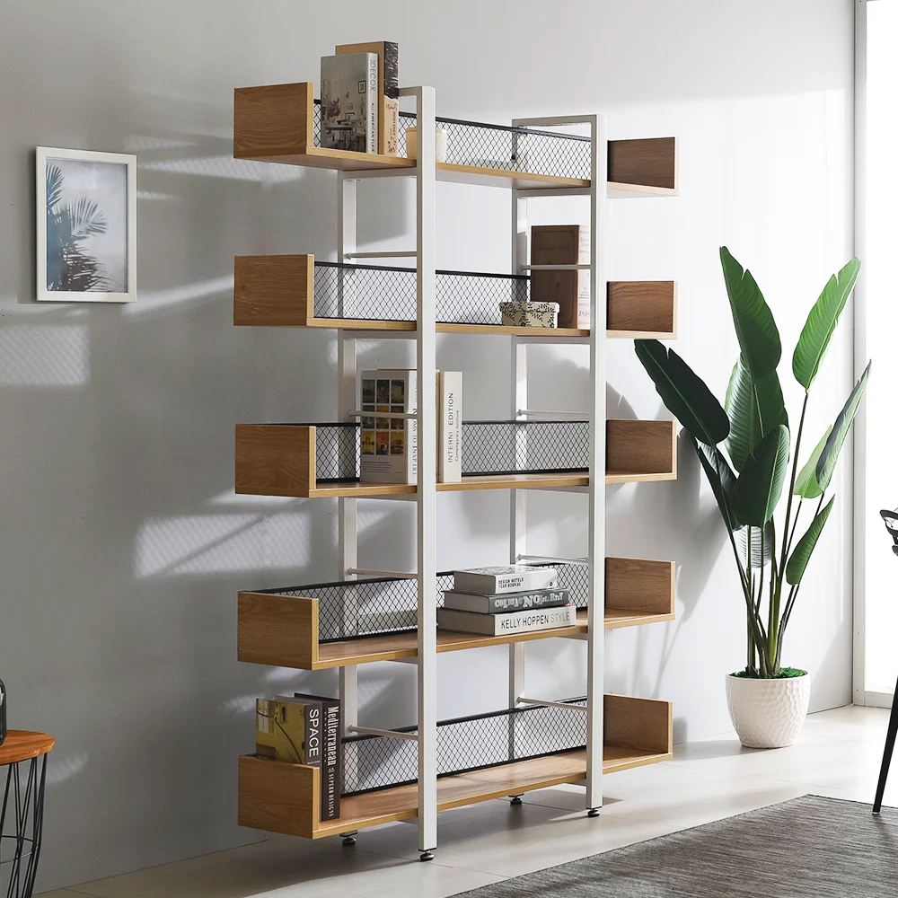 Industrial Wood Wooden Metal Display and storage square White frame 5 tiers back mesh leaning  bookshelf