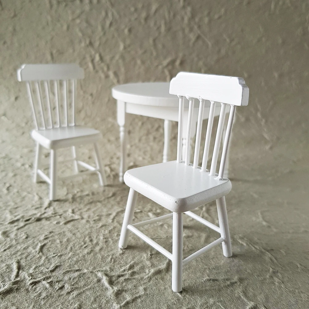 Dollhouse Miniature 1:12 Display White Wooden Table Chair Set DIY Toy Style Miniature Furniture