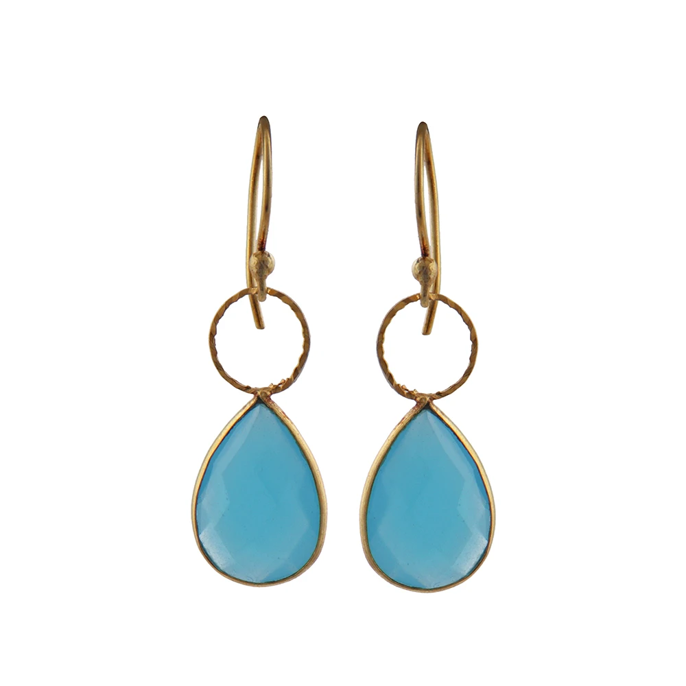 Sky blue quartz pear shape checker cut gemstone drop earring 18k gold plated bezel sett circular design dangle hook earring