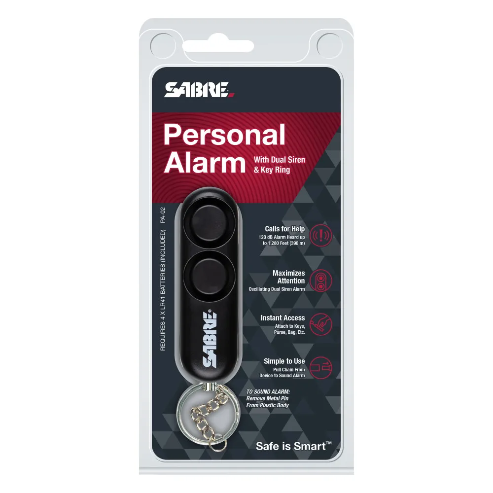 SABRE Personal Alarm With Key Ring 120dB Alarm, Audible Up To 1280 Feet (390 Meters), Simple Operation, Reusable