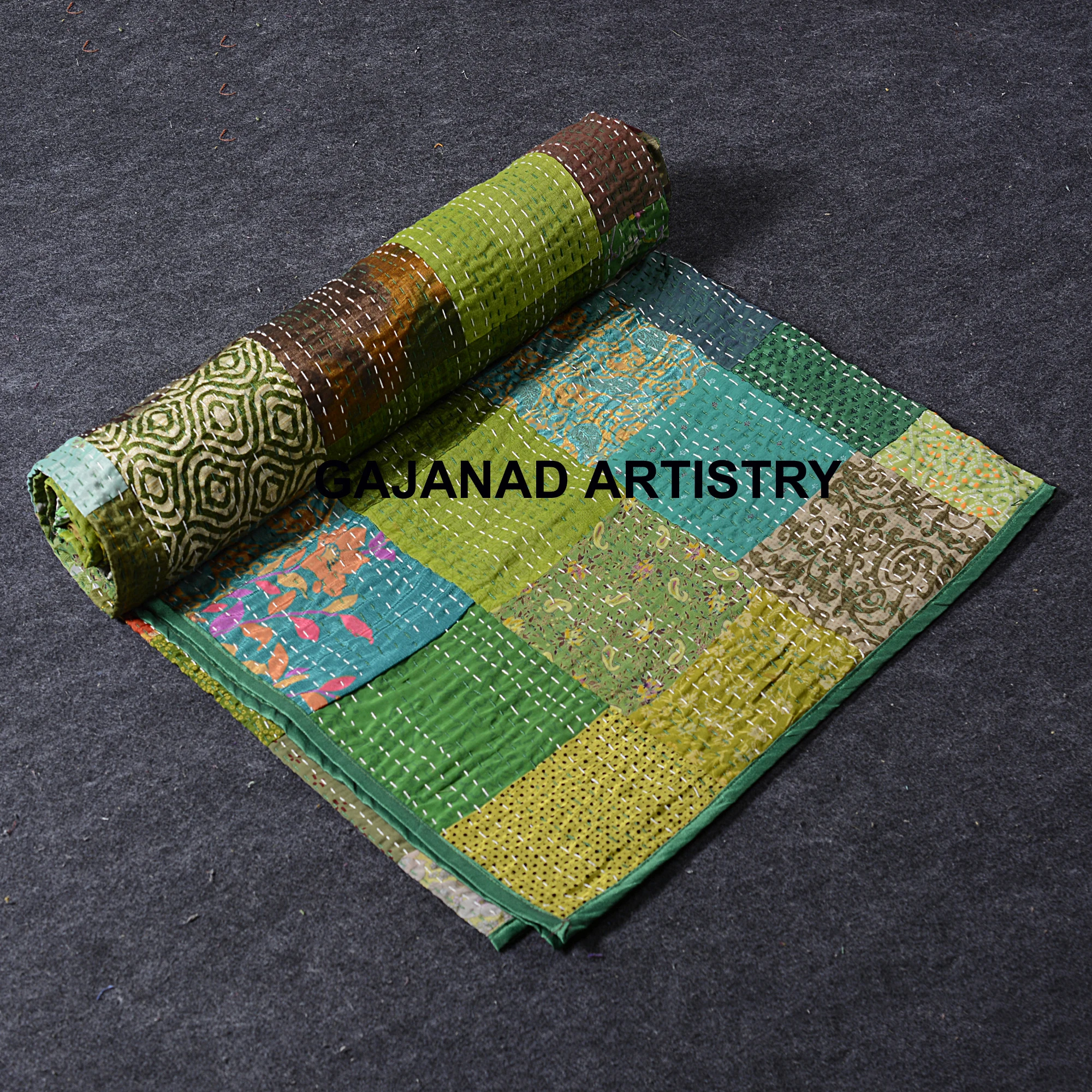 queen size kantha quilt handmade kantha bedcover bedspread blanket coverlet patola silk patch work vintage indian quilt