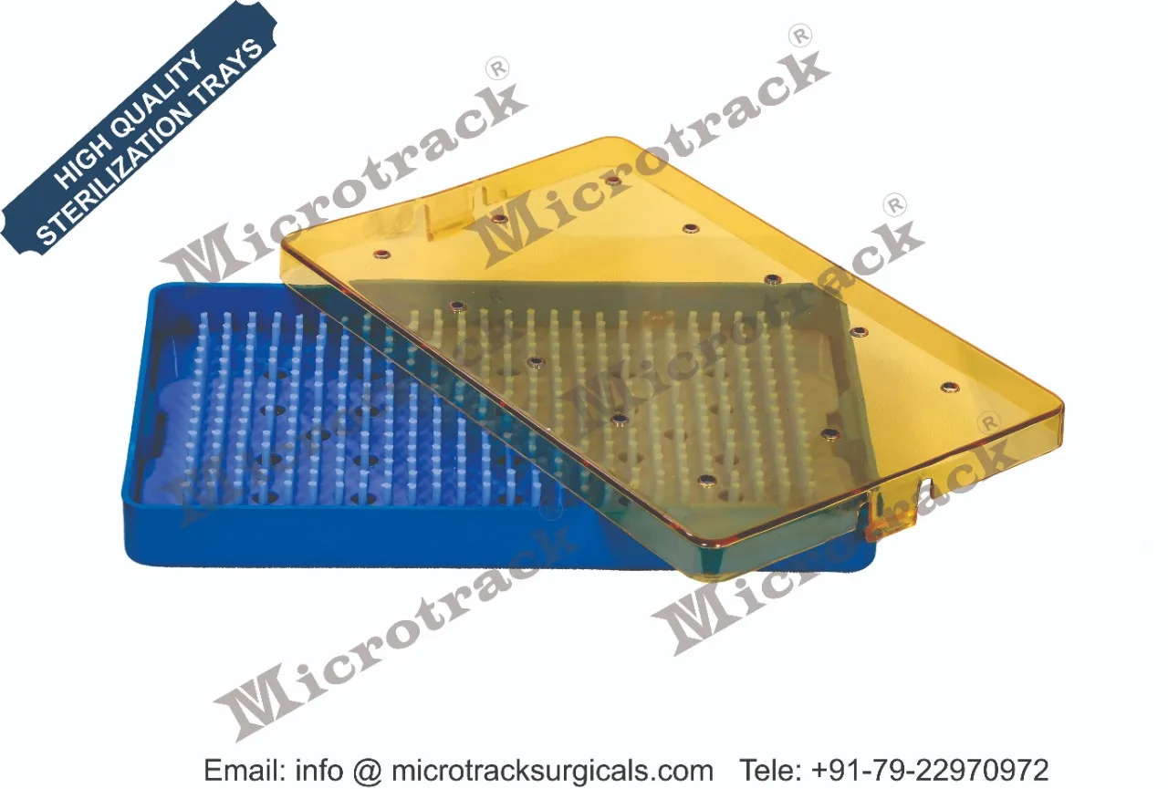 Autoclavable plastic sterilization tray for micro surgical instruments.